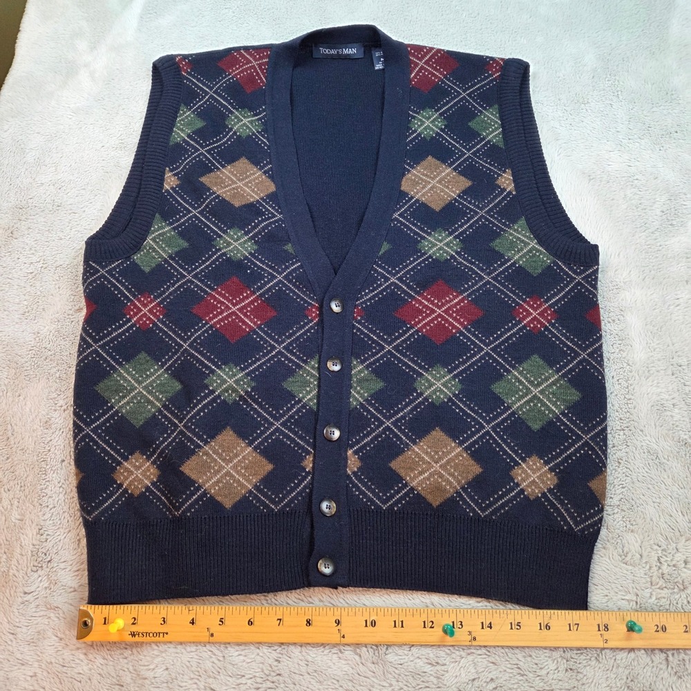 Vtg Todays Man Wool Sweater Vest Mens M Made Italy Argyle Button Front Navy Blue